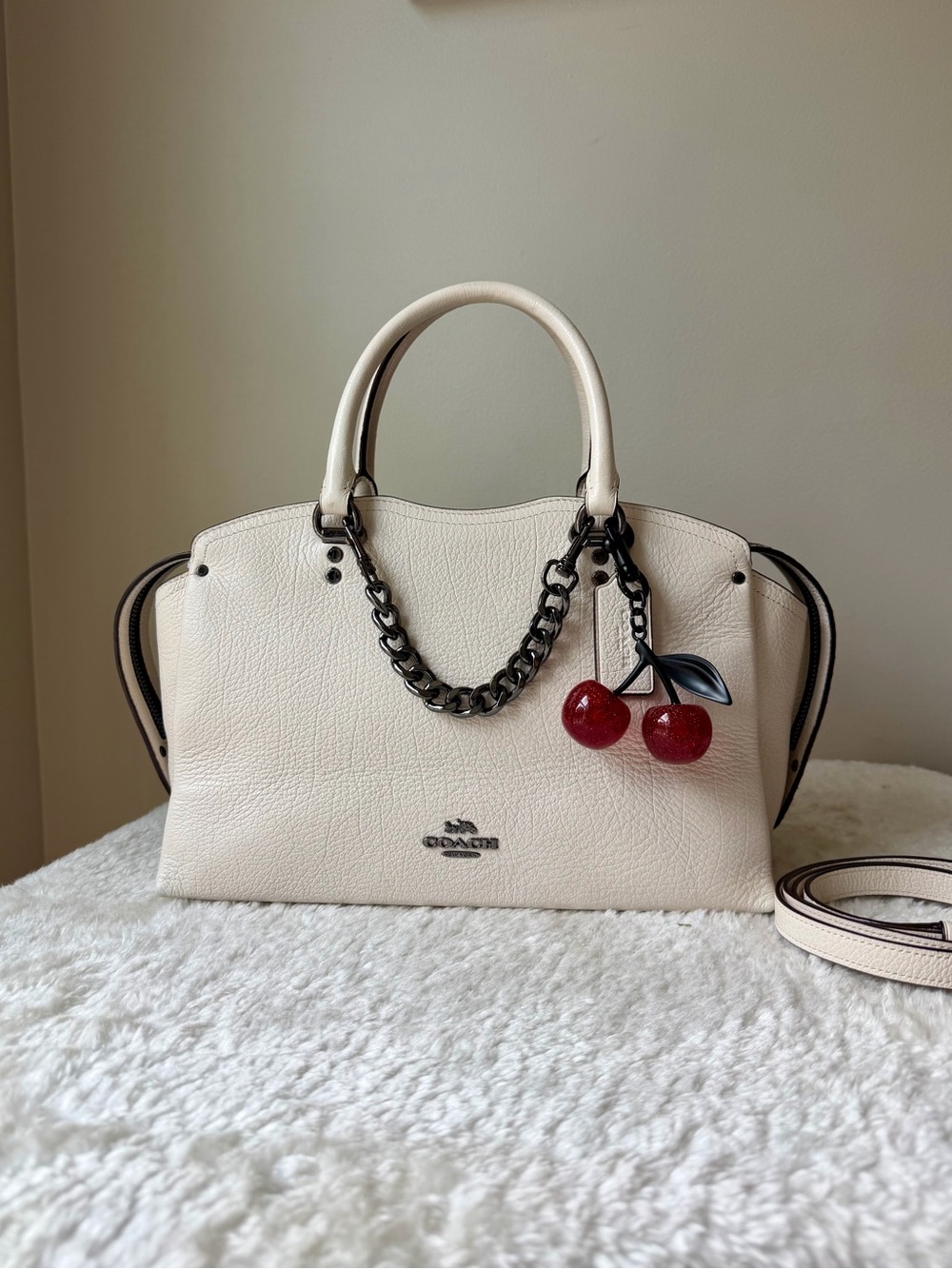 Coach Drew Satchel bag With Snakeskin Detail and cherry charm